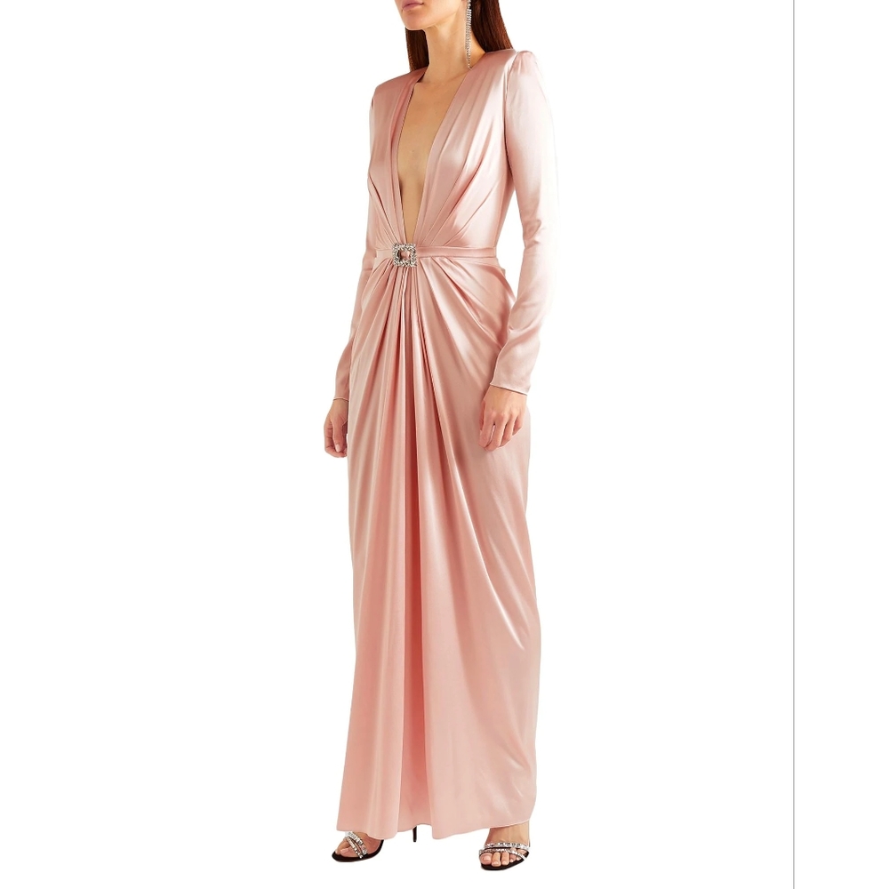 Alexander Vaulthier Deep V High Slit Pink Silk Maxi Dress Gown FR 44 US 10